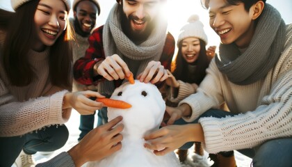 Close-up photo of a diverse group of individuals working together to construct a snowman. - obrazy, fototapety, plakaty