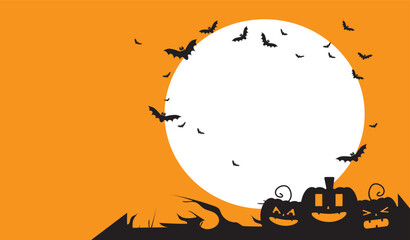 Happy Halloween banner, party invitation background with moonlight, bats and pumpkins. Orange background vector illustration.