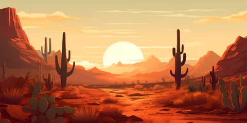 Poster Desert sandy landscape with cactuses and sunset, illustrative background wallpaper  © TatjanaMeininger
