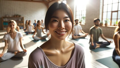 Photo capturing a close-up moment of a yoga instructor of Asian descent, her face glowing with optimism, in a brightly lit studio.