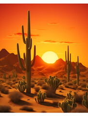 Desert sandy landscape with cactuses and sunset, illustrative background wallpaper 
