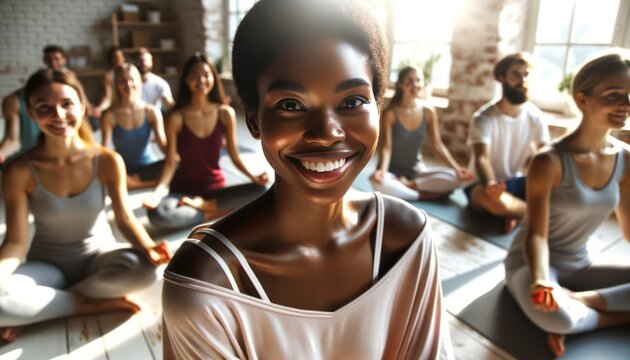 Photo in a close-up shot of a yoga instructor of African descent, her face beaming with encouragement, in a sun-drenched studio.