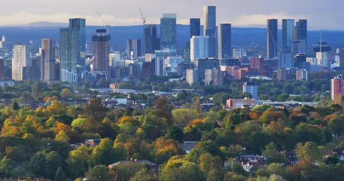 Manchester skyline filmed from Heaton Park in Prestwich early morning