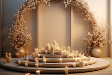 Oval stage background with gifts on top in the style of light beige and gold, 3d rendering.