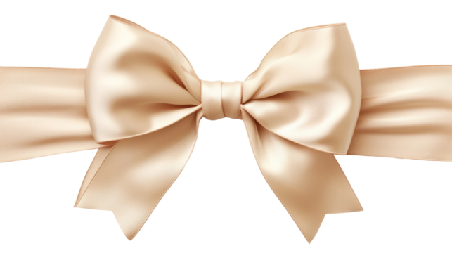 Beautiful shiny silk beige bow isolated on transparent background, decorative design png element, clip art festive object.