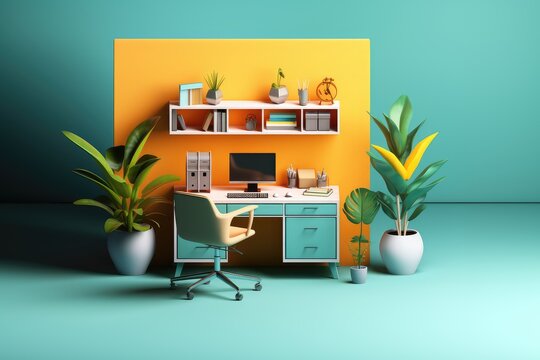 Interior of modern office with furniture and plants. Office cubicle or home office, a cute workspace in bright colors for Labour day or Learning at Work Week