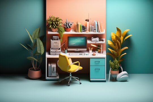 A modern office interior. Workplace with computer and plants. Office cubicle or home office, a cute workspace in bright colors for Labour day or Learning at Work Week