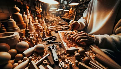 Fotobehang Close-up photo of artisans in a traditional workshop, surrounded by wood shavings and tools © PixelPaletteArt