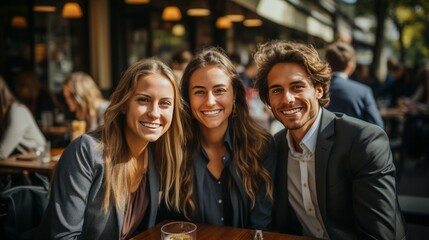 Fototapeta premium Joyful Faces Uniting in Vibrant Urban Setting: Celebrating Bonds Amidst Work, Study, and Social Life, generative AI