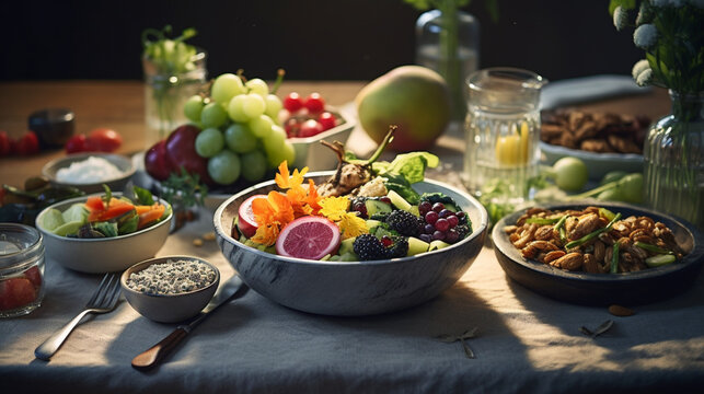 Beautifully set table with healthy food light image, generative ai