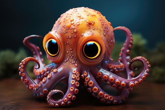 Cute octopus with big eyes on a dark background