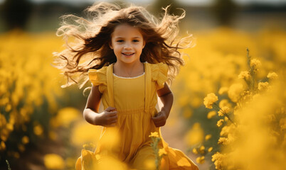 Fototapeta premium Little girl in yellow dress running in field full of yellow flowers.