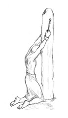 Pencil drawing. Punishment torture by flagellation