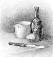 Pencil drawing. Kitchen still life. Bottle, saucepan and onion