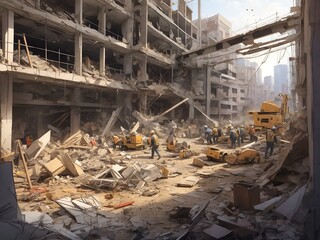 A construction site in the midst of a bustling city, with skyscrapers towering over it, as the workers navigate through the busy streets to get to their site.