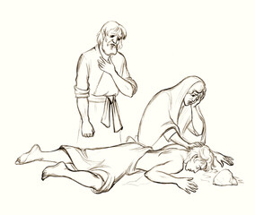 Pencil drawing. Adam and Eve cry over the dead Abel