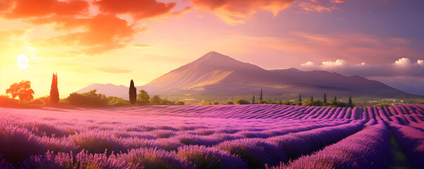 Lavender Fields in the Mountains at sunset - Generative Ai