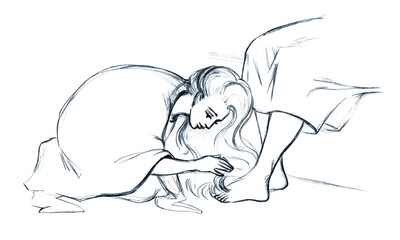 A woman washes the feet of Christ. Pencil drawing