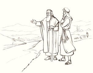 Fototapeta na wymiar Abraham invites his nephew Lot to choose the land. Pencil drawing