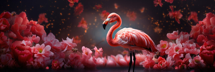 Pink flamingo on the background of the wall with exotic beautiful flowers, bright tropical banner - obrazy, fototapety, plakaty