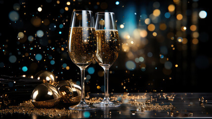 Two glasses of champagne gold glitter background. New year eve, Christmas party banner template with copy space for text - obrazy, fototapety, plakaty