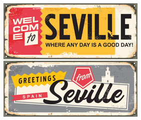 Seville retro souvenirs set on old metal background. Greetings from Seville Spain, vintage vector signs illustration. Travel destinations concept.