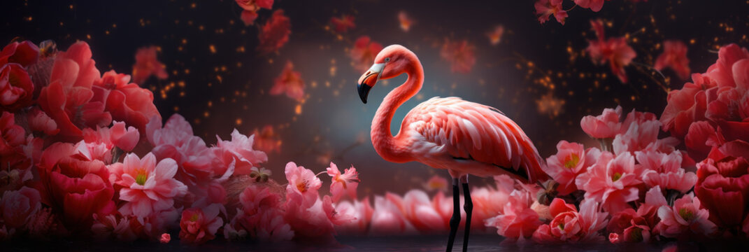 Pink flamingo on the background of the wall with exotic beautiful flowers, bright tropical banner