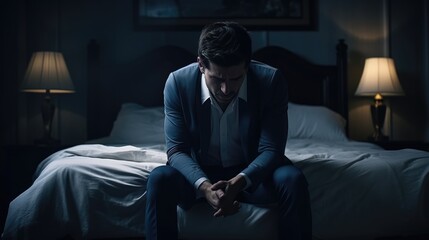 Sad businessman sitting holding hands on the bed in a dark bedroom. Drama concept