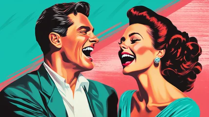 Selbstklebende Fototapeten Colorful portrait in retro pop art style depicts laughing couple in playful comic book fashion, symbolizing joy of love and timeless appeal of classic pop culture, vibrant vintage promotional poster © TRAVELARIUM