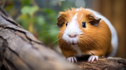 Funny and adorable Guinea pig on wild nature outdoor background. Zoo banner with copy space.