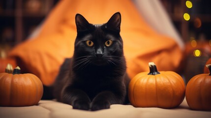 Beautiful black cat in a cozy bedroom with pumpkins. Autumn halloween or harvest theme indoor background.