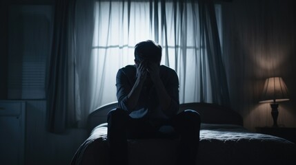 Sad businessman sitting holding hands on the bed in a dark bedroom. Drama concept