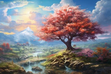 Picturing scenic springtime scenery adorned with colorful blooms. Generative AI