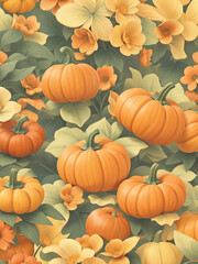 Illustrated Vintage Autumn Flower Fall floral Pumpkins pattern background Wallpaper Textile Print. Happy Halloween Day. Happy Thanksgiving Day