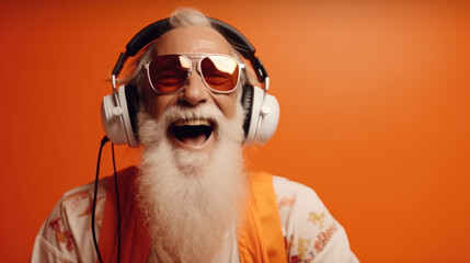 Happy elderly bearded man in headphones is singing a song on orange background. - obrazy, fototapety, plakaty