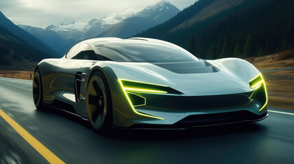 Electric vehicle sports car driving on road, Green energy and transportation concept.