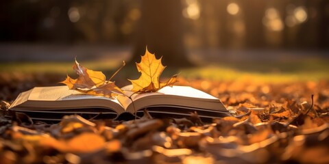 A Book Blanketed in Vibrantly Colored Leaves, Resting Gracefully in a Park, Celebrating the...