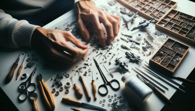 Photo of hands skillfully piecing together a miniature model, surrounded by an assortment of delicate tools and components