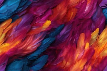 Fototapeta na wymiar Beautiful seamless pattern with vivid multicolored bird feathers, endless texture. Fabric template. Organic background.