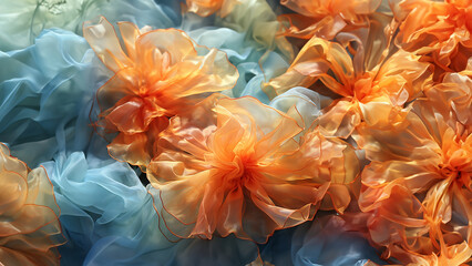 Schöne Blumenform aus Seidentüchern in abstrakter futuristischer Kunst als Hintergrund für Webdesign und Drucksachen als Vorlage in Querformat für Banner, ai generativ