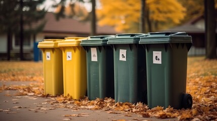 Recycling bins in park, Public recycling bins. - obrazy, fototapety, plakaty