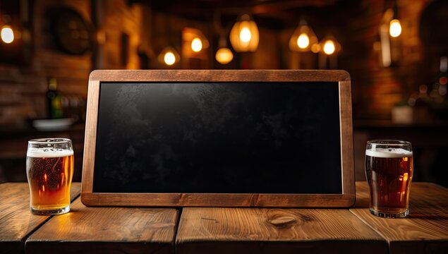 Pusta tablica kredowa na menu stojąca na barze przy pełnych szklankach z piwem. 