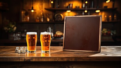Pusta tablica kredowa na menu stojąca na barze przy pełnych szklankach z piwem. 