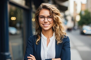 Piękna uśmiechnięta dziewczyna w okularach stojąca przed biurem z założonymi rękoma  - obrazy, fototapety, plakaty