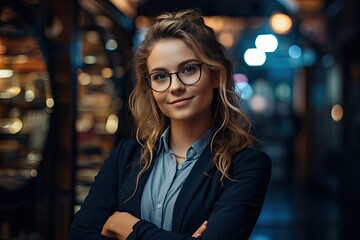 Piękna uśmiechnięta dziewczyna w okularach stojąca przed biurem z założonymi rękoma  - obrazy, fototapety, plakaty