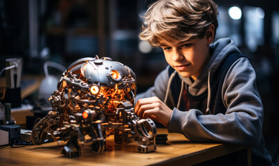 Teenager Building Programmable Robot for School Robotics Club Project