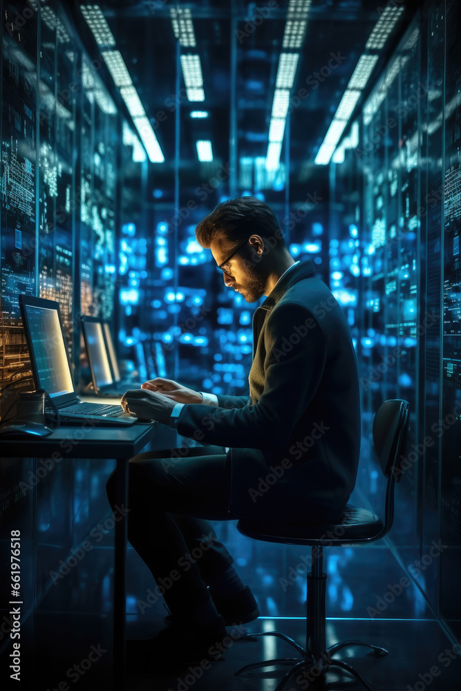 Poster IT Programmer, IT technician working on network programming with online technology.