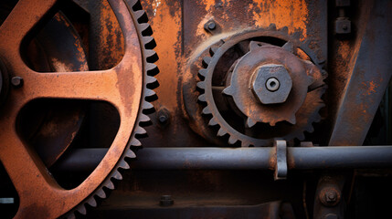 An edgy industrial aesthetic is created through a close-up shot of corroded machinery, featuring striking duotones of grey and orange.
