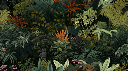 Seamless wallpaper that captures the essence of a lush tropical forest, complete with towering trees and exotic plants..
