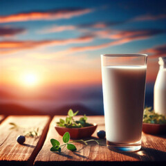 Glass of milk on wooden table over blur blue sky with sunset background.